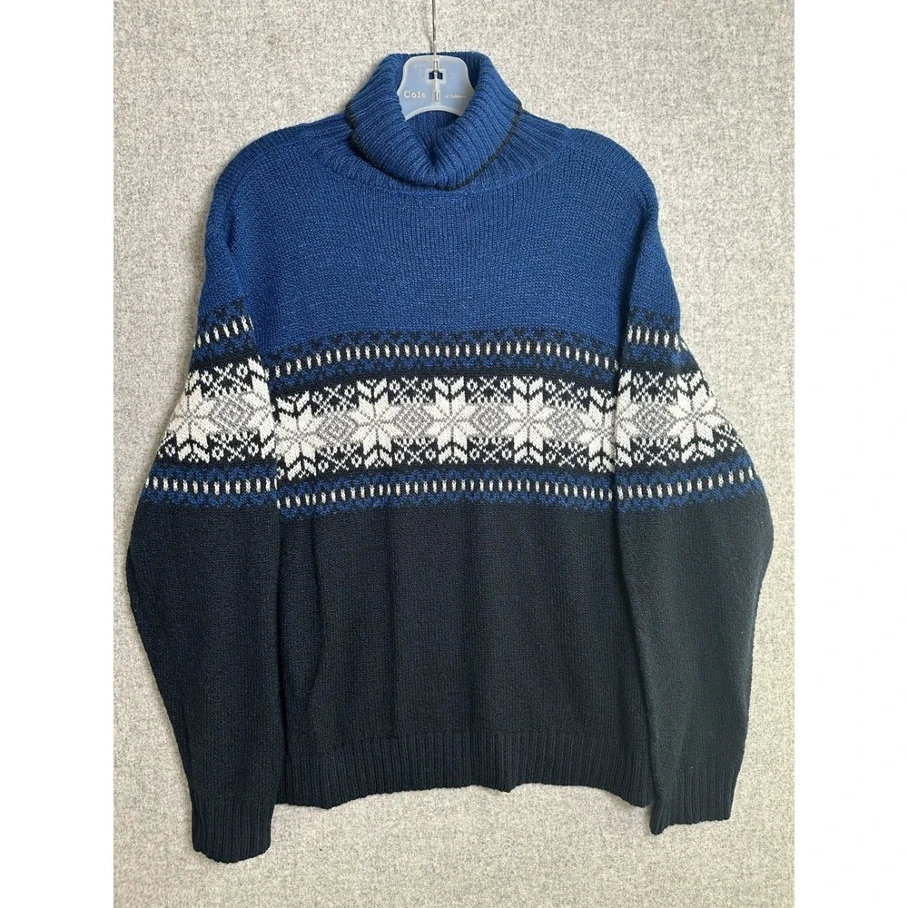 Vintage Carolyn Taylor Sweater XL Fair Isle Blue White Long Sleeve Turtleneck